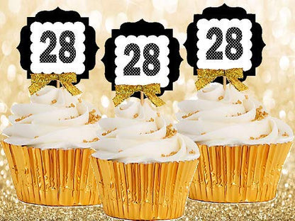 28th Birthday Anniversary Gold Ribbon Novelty Cupcake Appetizer Decoration Toppers / Picks -12ct