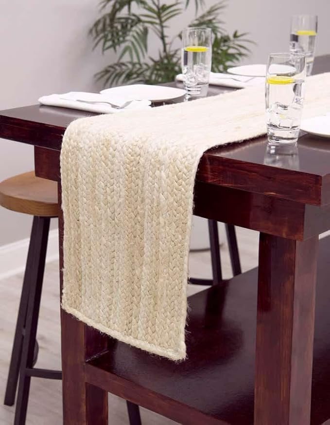 Handwoven Natural Jute Table Runner – Rustic Farmhouse Style, Natural Burlap Look – Eco-Friendly Table Decor for Dining Table, Weddings & Events,Size-13 x 90 Inches-White
