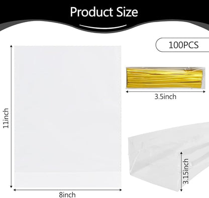 Cellophane Bags, Bottom Gusset Treat Bags, 8"x 11"Clear Cellophane Gift Bags with Ties, 100Pcs Cellophane Treat Goodie Bags for Wedding Graduation Party Favors Gift Mug Wrapping Candy Cookies Storage