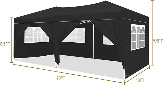 10x20 Pop Up Canopy Tents for Parties, Portable Outdoor Tent with Carry Bag & 4 Sandbags, for Wedding, Patio Events, Commercial, Birthday, Graduation (Black, 10x20)
