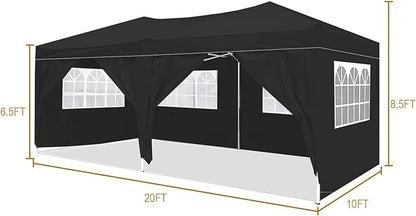 10x20 Pop Up Canopy Tents for Parties, Portable Outdoor Tent with Carry Bag & 4 Sandbags, for Wedding, Patio Events, Commercial, Birthday, Graduation (Black, 10x20)