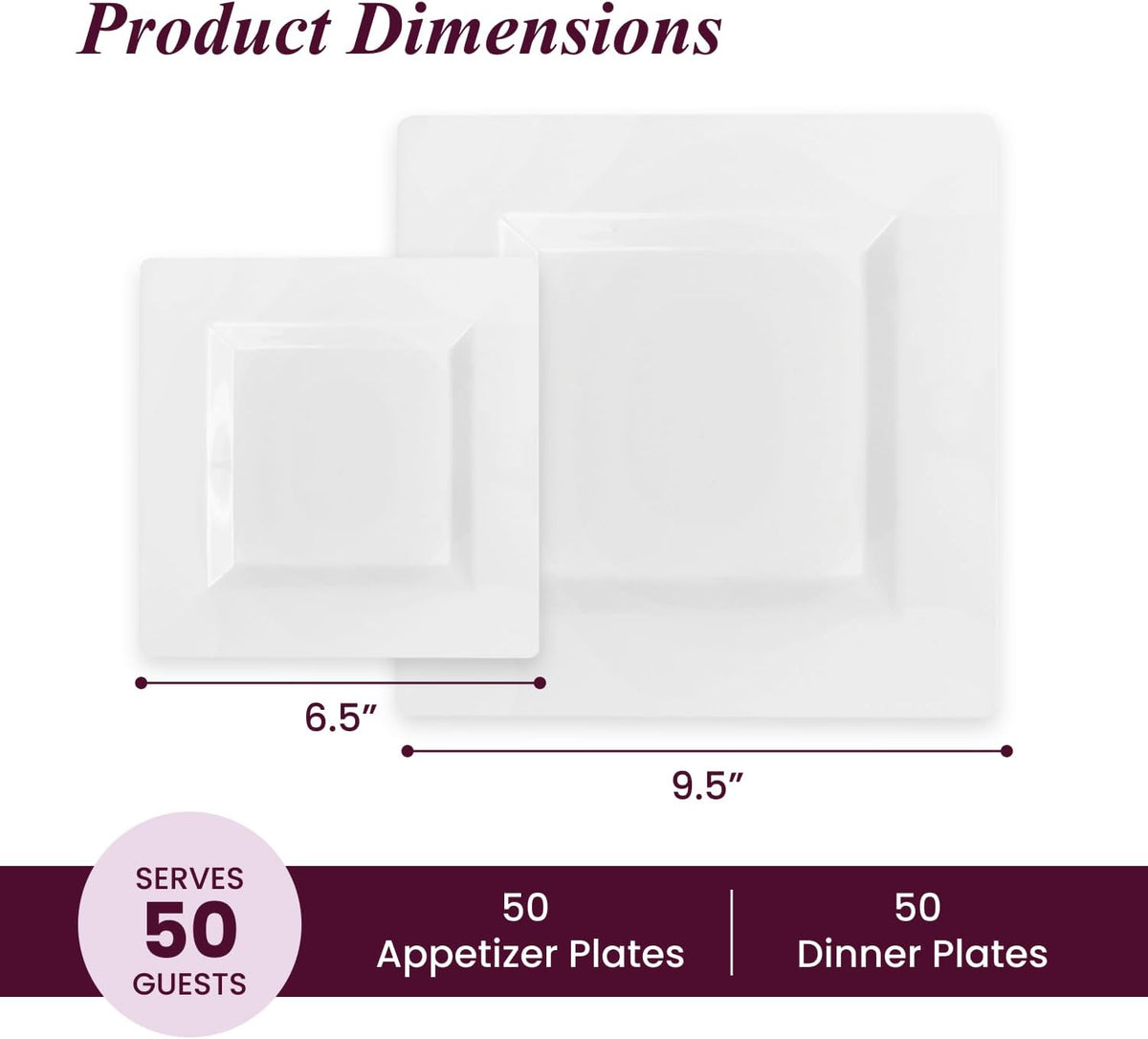 Aya's Cutlery Kingdom 100 Square Plastic Plates - Heavy Duty Disposable Plates - Includes 50 Dinner Plates (10-Inch) and 50 Salad Appetizer Plates (7-Inch) - Elegant White Party Plate for Holidays