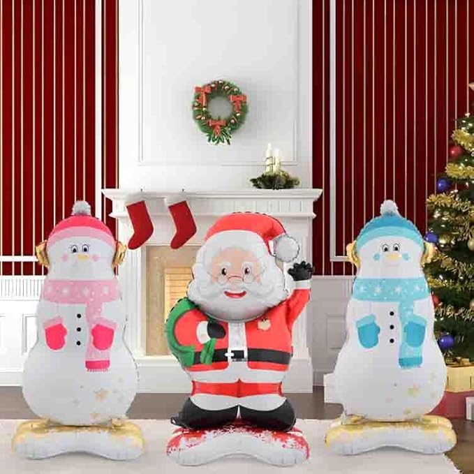 Christmas Ballooons Giant Standing Snowman Balloons Large Santa Claus Balloon with Base for Christmas-Themed Party Birthday Party Supplies Decorations 3 PCS