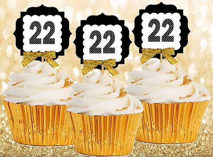 22nd Birthday Anniversary Gold Ribbon Novelty Cupcake Appetizer Decoration Toppers / Picks -12ct