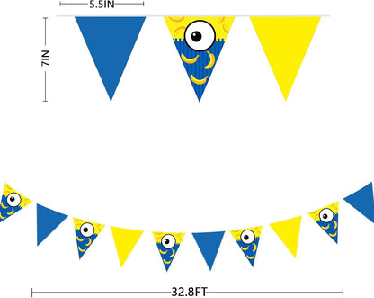 32Ft Yellow Blue Cartoon Party Decorations Blue Yellow Big Eyes Banana Triangle Flag Fabric Banner Pennant Garland Streamers for Cartoon Birthday Baby Shower Big Eyes Movie Party Decor Supplies