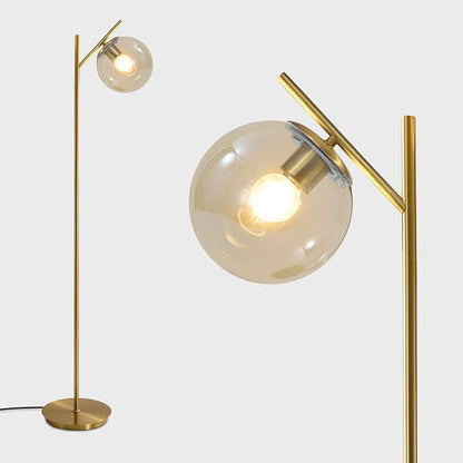 Mid Century Modern Floor Lamp for Living Room Retro Vintage Brass Standing Light Industrial Cognac Glass Globe Floor Freestanding Lamp for Office Hotel Bedroom