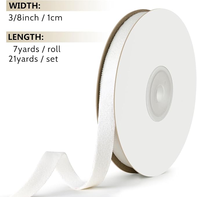 White Velvet Ribbon 3/8 Inch x 21Yd Double Faced Thin White Ribbons Set for Christmas Tree Ornaments Gift Wrapping Wedding Decoration Wreath & Hair Bows Making