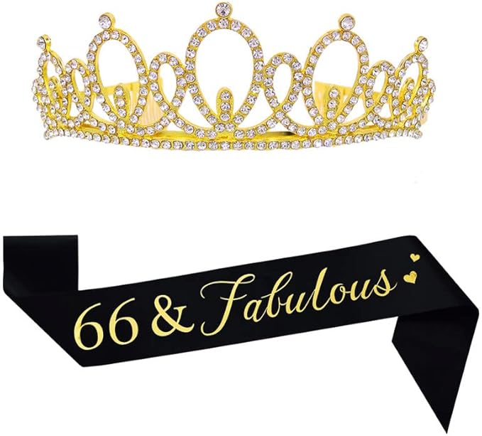 Happy 66th Birthday Tiara and Sash Gifts Crystal Rhinestone Princess Crown Birthday Women Party Favor Supplies Gold Crowns Black Sash