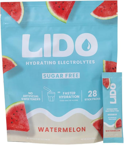 LIDO Watermelon Electrolyte Powder Packets — Clean, Zero-Sugar Hydration Drink Mix with Balanced Sodium for Fast Replenishment — Vegan, Paleo & Fasting Friendly — 28 Sticks