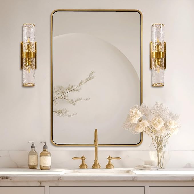ANDY STAR 28x36 INCH Gold Mirror Bathroom, Brushed Gold Mirrors for Wall in Anti-Rust SUS304 Tube Metal Frame, Rounded Rectangle Mirrors 1’’ Deep Wall Mounted Vertically/Horizontal for Bathroom