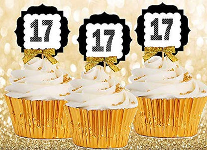 17th Birthday Anniversary Gold Ribbon Novelty Cupcake Appetizer Decoration Toppers / Picks -12ct