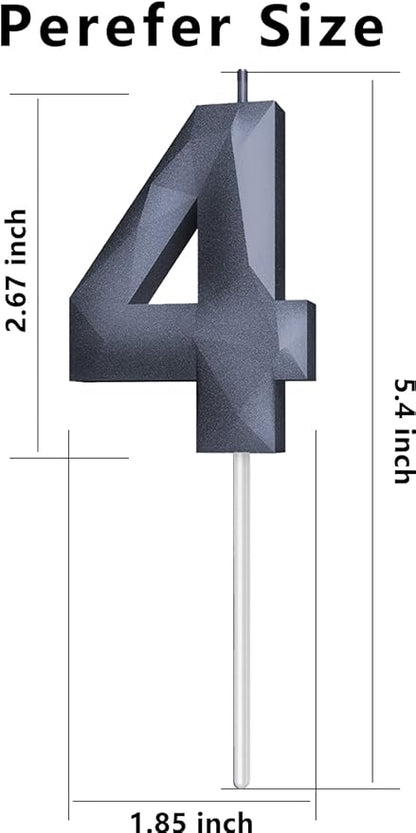 Number Birthday Candles(4 Candle Black) 3D Diamond Shape 4th Happy Birthday Cake Topper Decorations for Boy Men Birthday Wedding Anniversary Celebration Theme Party Supplies