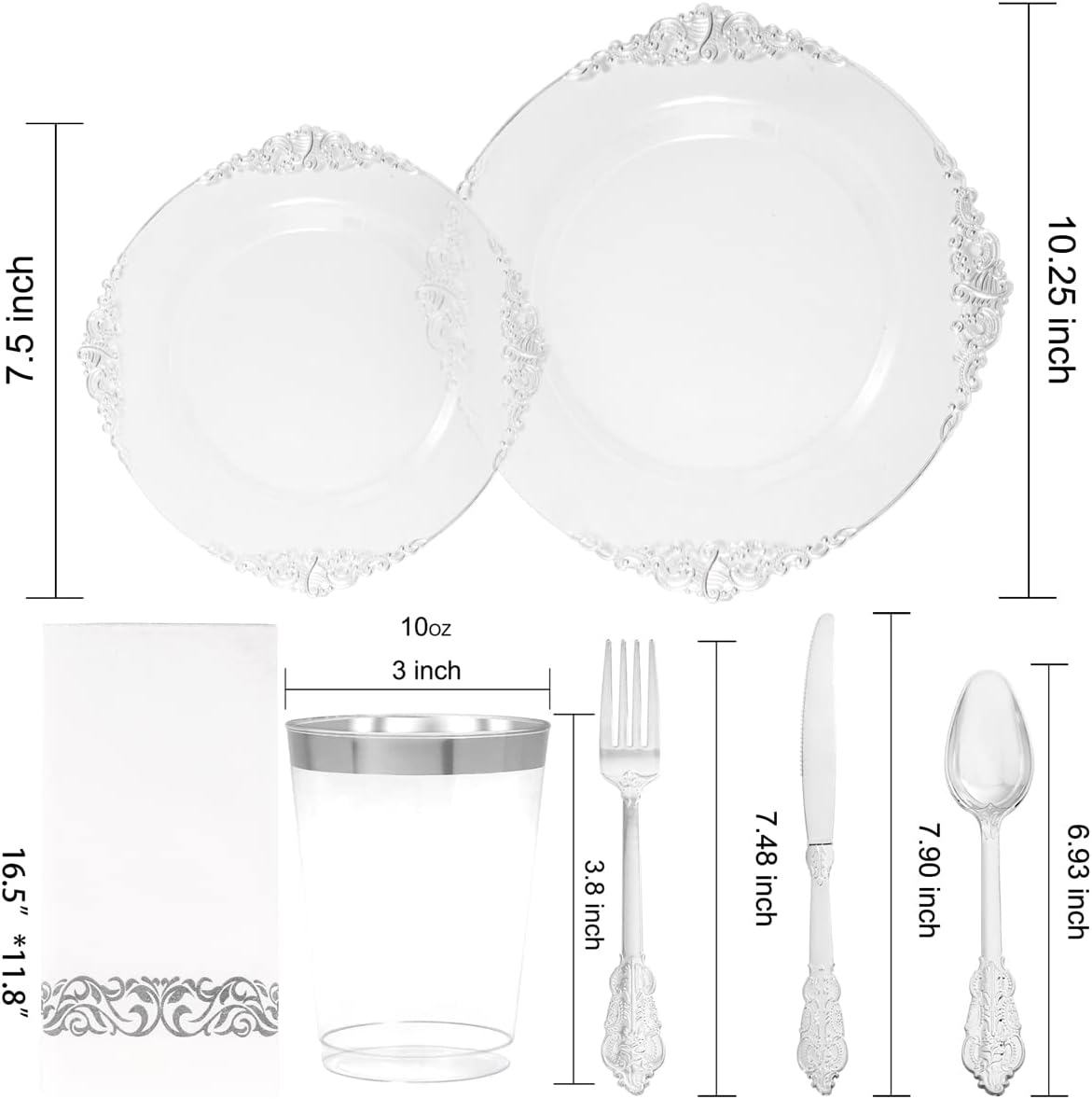 FLOWERCAT 175PCS Clear Silver Plastic Plates -Include 50 Plates, 25 Cups, 25 Forks, 25 Knives, 25 Spoons, 25Napkins for Wedding & Party&New Year