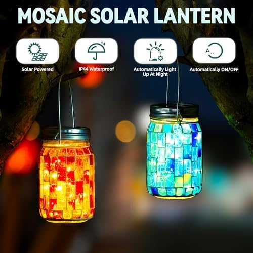 VOREEN Solar Powered Mosaic Mason Jar Lights, Colorful Stained Glass Lanterns for Outdoor Garden Decor, 2 Pack (Orange and Blue)