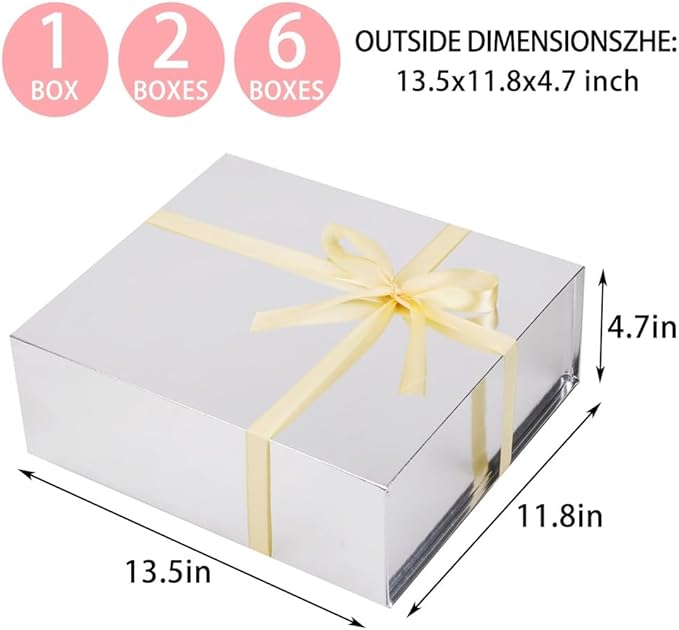 UoeRing 1 Pcs Silver Gift Box Large 13.5x11.8x4.7 inch Luxury Gift Box for Presents with Magnetic Closure Lid Collapsible,Birthday,Contains Card, Ribbon, Tissue Paper,Shredded Paper Filler