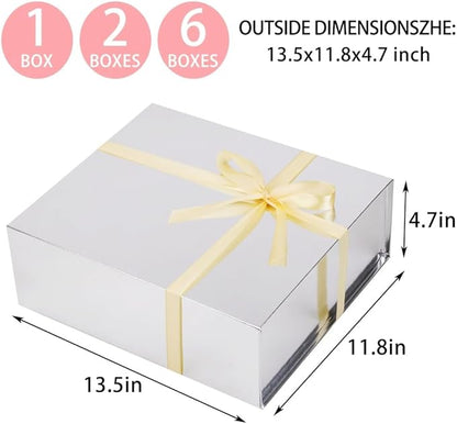 UoeRing 1 Pcs Silver Gift Box Large 13.5x11.8x4.7 inch Luxury Gift Box for Presents with Magnetic Closure Lid Collapsible,Birthday,Contains Card, Ribbon, Tissue Paper,Shredded Paper Filler