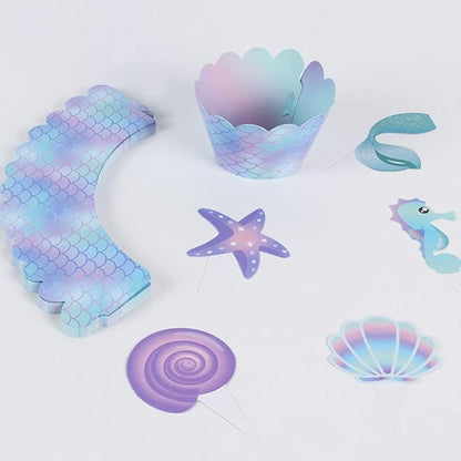 80 Pcs Mermaid Cupcake Wrappers Toppers, Include 40pcs Cake Topper and 40pcs Wrappers Double Side, Little Mermaid Theme Decoration Under The Sea Birthday Party Favor
