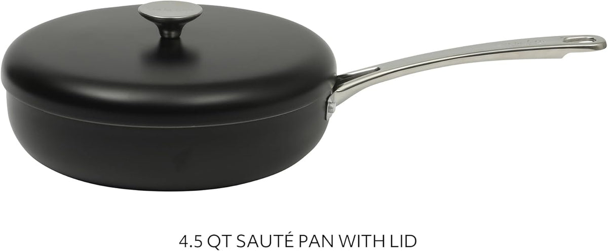 Sur La Table Kitchen Essentials Potluck Porch 4.5 Quart Sauté Pan, Deep Frying Pan Skillet w/Lid Aluminum PFA Free Ceramic Cookware Chef's Pan, Omelet Pan - Induction - Black