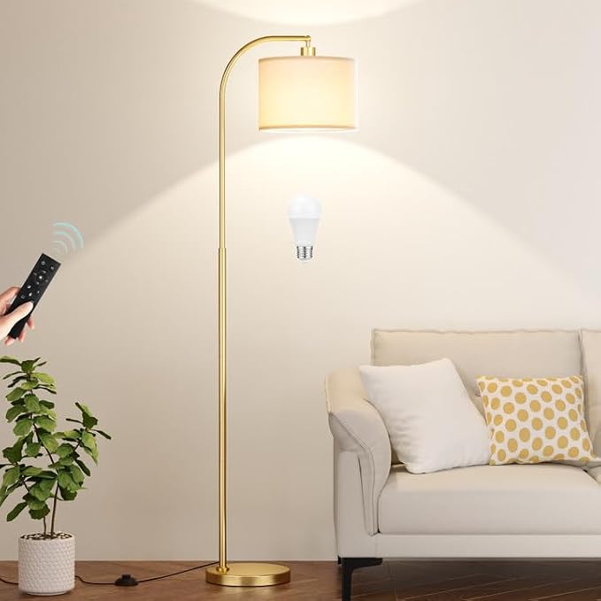 Ambimall Arc Floor Lamp with Remote and Stepless Dimmable Bulb, Colors Temperature & Brightness Adjustable, Gold Floor Lamps for Living Room（Deep Beige Shade & Gold Pole）