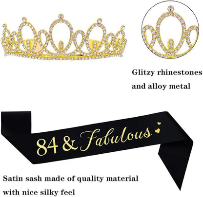 Mayin Happy 84th Birthday Tiara and Sash Gifts Crystal Rhinestone Princess Crown Birthday Women Party Favor Supplies Gold Crowns Black Sash