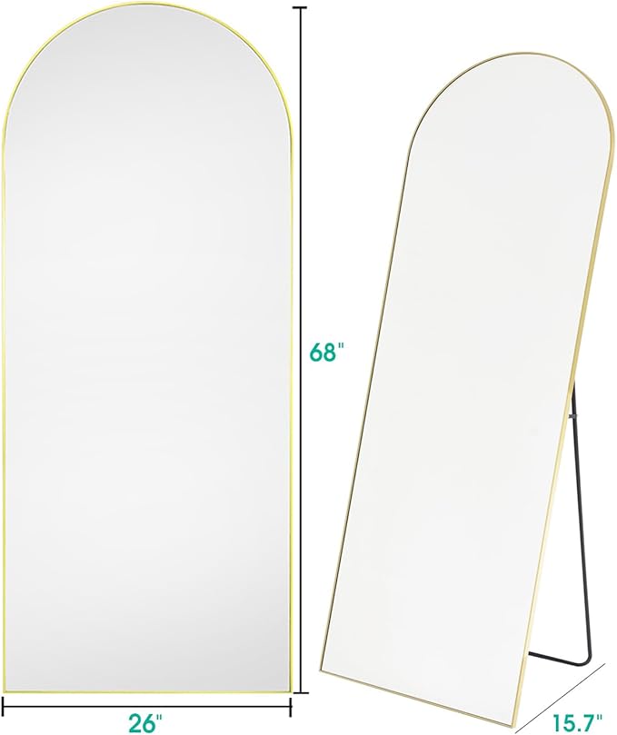 BEVERDY Full Length Mirror, Arched Floor Mirror with Stand, 26"x68" Oversized Floor Mirror, Wall Mirror Full Length Freestanding, Wall Mounted Mirror for Bedrooom Living Room, Gold
