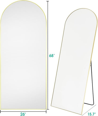 BEVERDY Full Length Mirror, Arched Floor Mirror with Stand, 26"x68" Oversized Floor Mirror, Wall Mirror Full Length Freestanding, Wall Mounted Mirror for Bedrooom Living Room, Gold