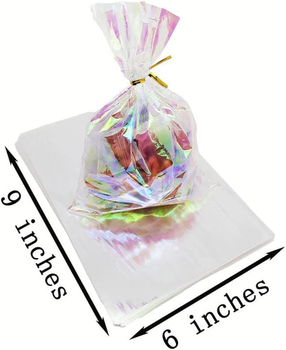 CC wonderland zone Iridescent Cellophane Treat Bags - 50 Pack Holographic Gift Cello Plastic Bags with Ties,for Candy Cookie Goodie Party Favors,6x9 inch