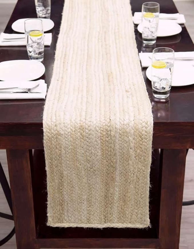 Handwoven Natural Jute Table Runner – Rustic Farmhouse Style, Natural Burlap Look – Eco-Friendly Table Decor for Dining Table, Weddings & Events,Size-13 x 90 Inches-White