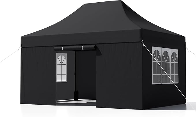 10x15 Heavy Duty Pop Up Canopy with 4 Sidewalls, 550D Commercial Easy Up Canopy Tent, Waterproof Outdoor Party Event Tent with Roller Bag, Black