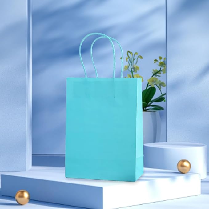 piqiya Small Plain Natural Paper Kraft Gift Bags with Handles Light Blue Paper Bags for Eid Birthday Party Grocery Retail Business Goody Craft Bag (Blue，24pcs)
