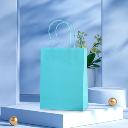 piqiya Small Plain Natural Paper Kraft Gift Bags with Handles Light Blue Paper Bags for Eid Birthday Party Grocery Retail Business Goody Craft Bag (Blue，24pcs)