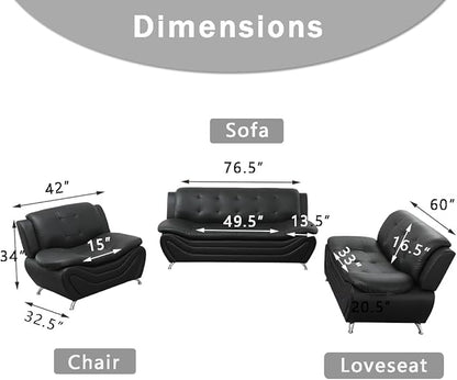 Living Room Furniture Sets, Faux Leather Sofa Couches Set, Black Sofa and Chair for Bedroom, Apartment, for Living Room