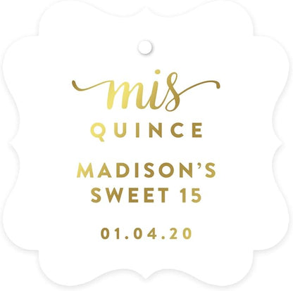 Andaz Press Personalized Fancy Frame Square Birthday Gift Tags, Metallic Gold Ink, Sweet 15 Birthday, Mis Quince Quinceanera, 24-Pack, Custom Made Name