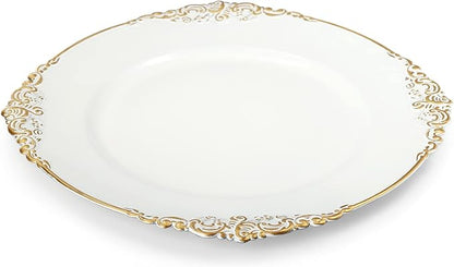 Okllen 12 Pack Plastic Round Charger Plates, 13" Dinner Charger Dessert Plates with Gold Rim, Vintage Charger Serving Plates for Catering, Wedding, Tabletop Decor, White, Floral Trim