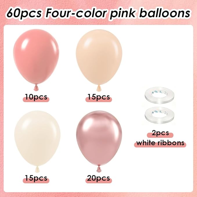60pcs Dusty Pink Balloons 12 Inch Blush Pink Dusty Rose Nude Balloons Ivory White Metallic Rose Gold Decorations for Boho Baby Shower Girl Birthday Party Wedding Bridal Shower Party Decorations
