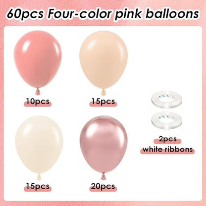 60pcs Dusty Pink Balloons 12 Inch Blush Pink Dusty Rose Nude Balloons Ivory White Metallic Rose Gold Decorations for Boho Baby Shower Girl Birthday Party Wedding Bridal Shower Party Decorations