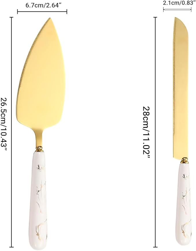 Personalized Gold Wedding Cake Knife and Server Set - Engraved Stainless Steel Cake Pie Pastry Servers Cutting Cutter Set with Marble Pattern, Elegant Gift for Wedding Anniversary Birthday Christmas