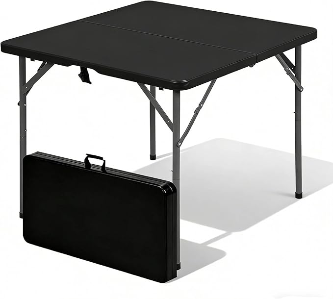 34" Square Folding Table, Portable Plastic Table No Assembly Needed, Fold-in-Half Design with Handle for Indoor Outdoor, Camping, Events, Banquets - Black