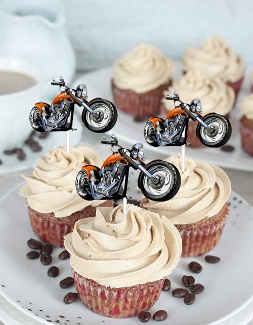 Motorcycle Cupcake Topper,Dessert Cupcake Topper Motorcycle Rider Racing Sport Theme Decor Supplies Boy Man Happy Birthday Party Decorations 18pcs (Yellow)