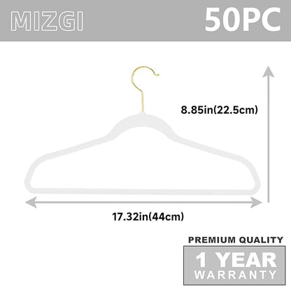 MIZGI White Velvet Hangers 50 Pack,Premium Gold Clothes Hangers Non-Slip Felt Hangers,Sturdy White Heavy Duty Coat,Durable Suit for Space Saving, No Flocked Marks