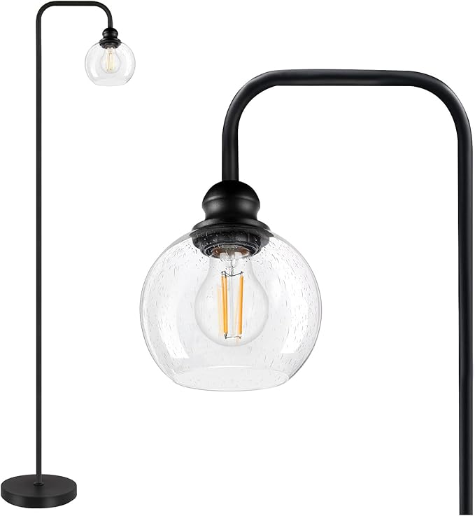 Modern Floor Lamp for Living Room with 6W LED Bulb, Industrial Floor Lamp, Seeded Glass, Black Classic Reading Tall Lamp for Home Office, Standing Lamps for Bedroom, Minimalist, Vintage, Farmhouse