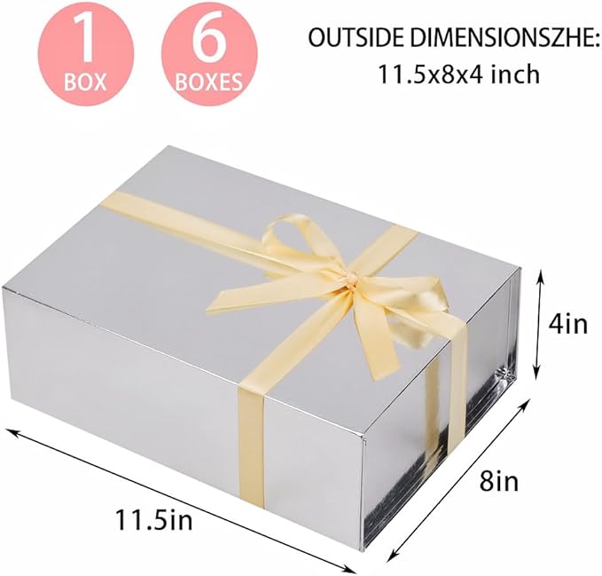 UoeRing 6 Pack Silver Gift Box 11.5x8x4 inch Luxury Gift Box for Presents with Magnetic Lid Collapsible,Bridesmaid Proposal,Contains Card, Ribbon, Tissue Paper,Shredded Paper Fille