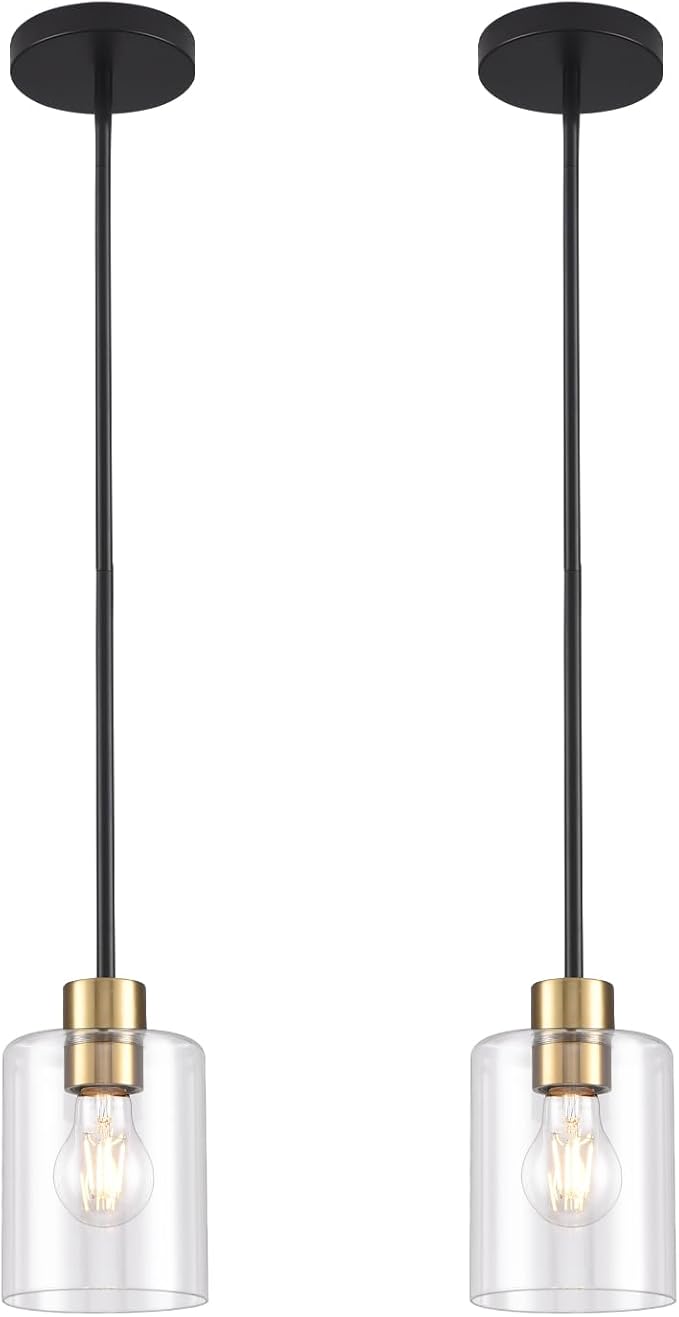 Black Brass Pendant Lights Kitchen Island - Clear Glass Pendant Light Fixture Multiple Stems Rods 3 Units 12 Inch 3 Units 4 Inch (2 Pack Black Brass Downrod)