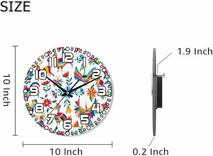Animals Mexican Wall Clock Battery Operated Flowers Bird Spring Colorful Traditional Clip Art Wall Clock Silent Non Ticking Quality Quartz 10 Inch Round Easy Clock to Read for Home Office