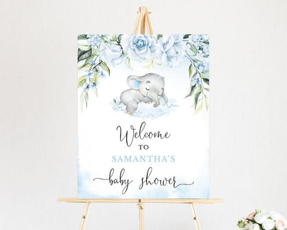 Editable Blue Boy Elephant Baby Shower Welcome Signs, Blue Floral Elephant Welcome to Baby Shower Printable, Personalized Welcome Signs for Baby, Plastic Sign, Baby Shower Decoration for Boys