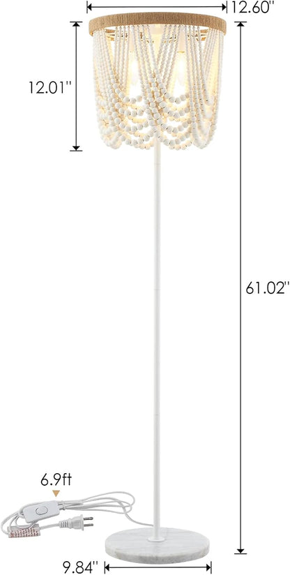 VILUXY Bohemia Wood Beaded Boho Floor Lamp - Antique Rustic White Finishing for Bedroom, Nursery, Dining, Girl Room - 3-Light
