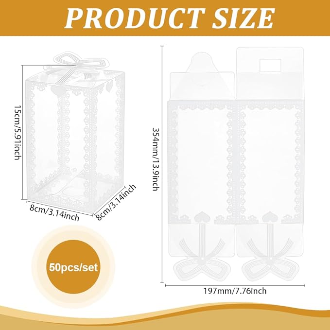 BENECREAT 50Pcs 3x3x5.9inch Transparent PVC Favor Boxes, Rectangle Bow Knot Pattern Clear Wedding Party Favour Boxes for Candy Chocolate, Festival Gift Packaging