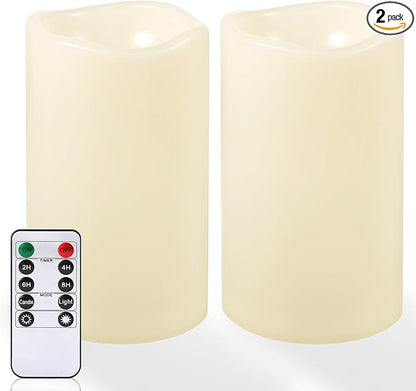 NURADA 6" x 4" Large Outdoor Flameless Candles - Waterproof LED Pillar Flickering Candle Battery Operated with Timer Remote Control for Patio Porch Lanterns Decor - Long Lasting Set of 2