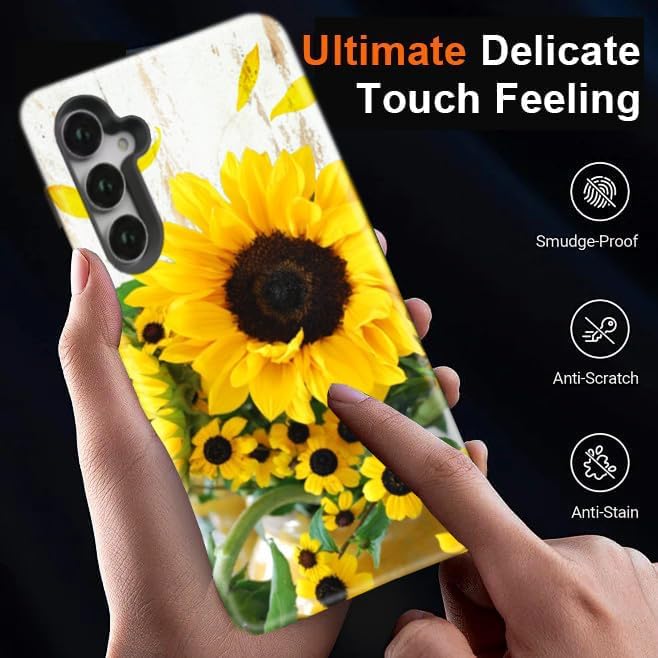 Compatible for Samsung Galaxy A37 5G Case, Dual Layer Heavy Duty 2 in 1 Shockproof Protective Phone Case,Wood Grain Sunflowers