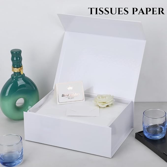 UoeRing 6 Pack White Gift Box 9.5x6x3 inch Small Luxury Gift Box for Presents with Magnetic Lid Collapsible,Bridesmaid Proposal,Contains Card, Ribbon, Tissue Paper,Shredded Paper Fille